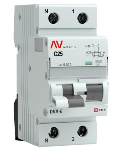 DVA-6 1P+N 25А (C) 30мА (AC) 6кА  AVERES (rcbo6-1pn-25C-30-ac-av). Автоматический выключатель дифференциального тока. EKF в Прокопьевске