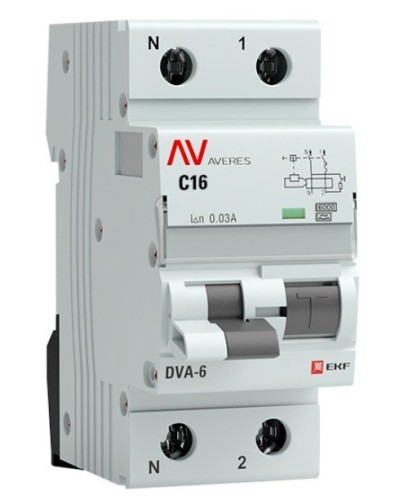 DVA-6 1P+N 16А (C) 30мА (A) 6кА  AVERES (rcbo6-1pn-16C-30-a-av). Автоматический выключатель дифференциального тока. EKF в Прокопьевске