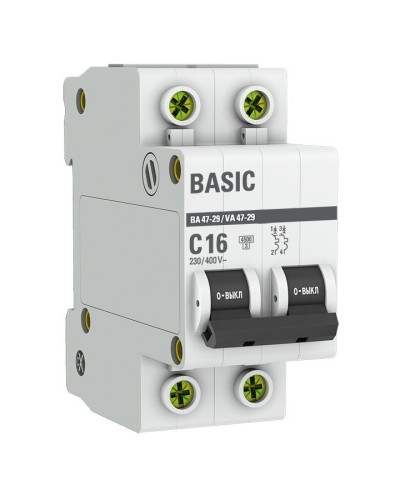 Автоматический выключатель 2P 16А (C) 4,5кА ВА 47-29 Basic (mcb4729-2-16C). Автоматический выключатель. EKF в Прокопьевске