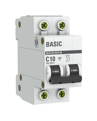 Автоматический выключатель 2P 10А (C) 4,5кА ВА 47-29 Basic (mcb4729-2-10C). Автоматический выключатель. EKF в Прокопьевске
