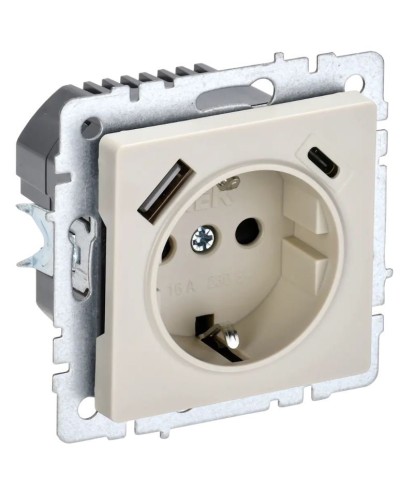 Розетка с з/к с USB A+C 18Вт РЮш11-1-БрКр бежевый BRITE (BR-R14-16-U22-018-K10). Розетка с заземлением с защитными шторками, 18Вт. IEK в Прокопьевске