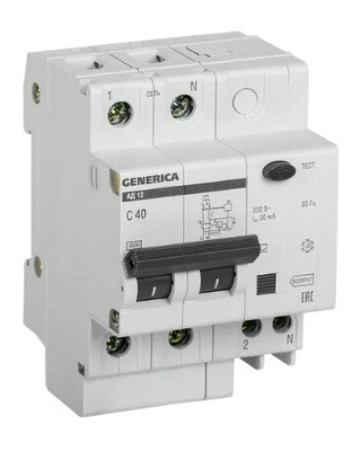 GENERICA АД12 2Р 40А 30мА (MAD15-2-040-C-030). Автоматический выключатель дифференциального тока. IEK в Прокопьевске